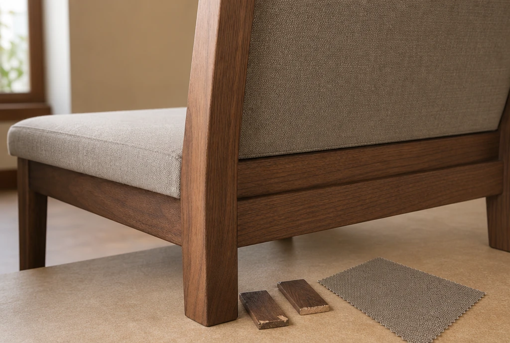 Walnut church chair detail with taupe upholstery and finish samples