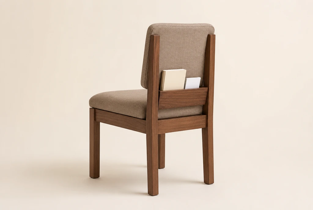 Warm medium-walnut hardwood church chair concept with muted warm taupe woven fabric and a rear book rack