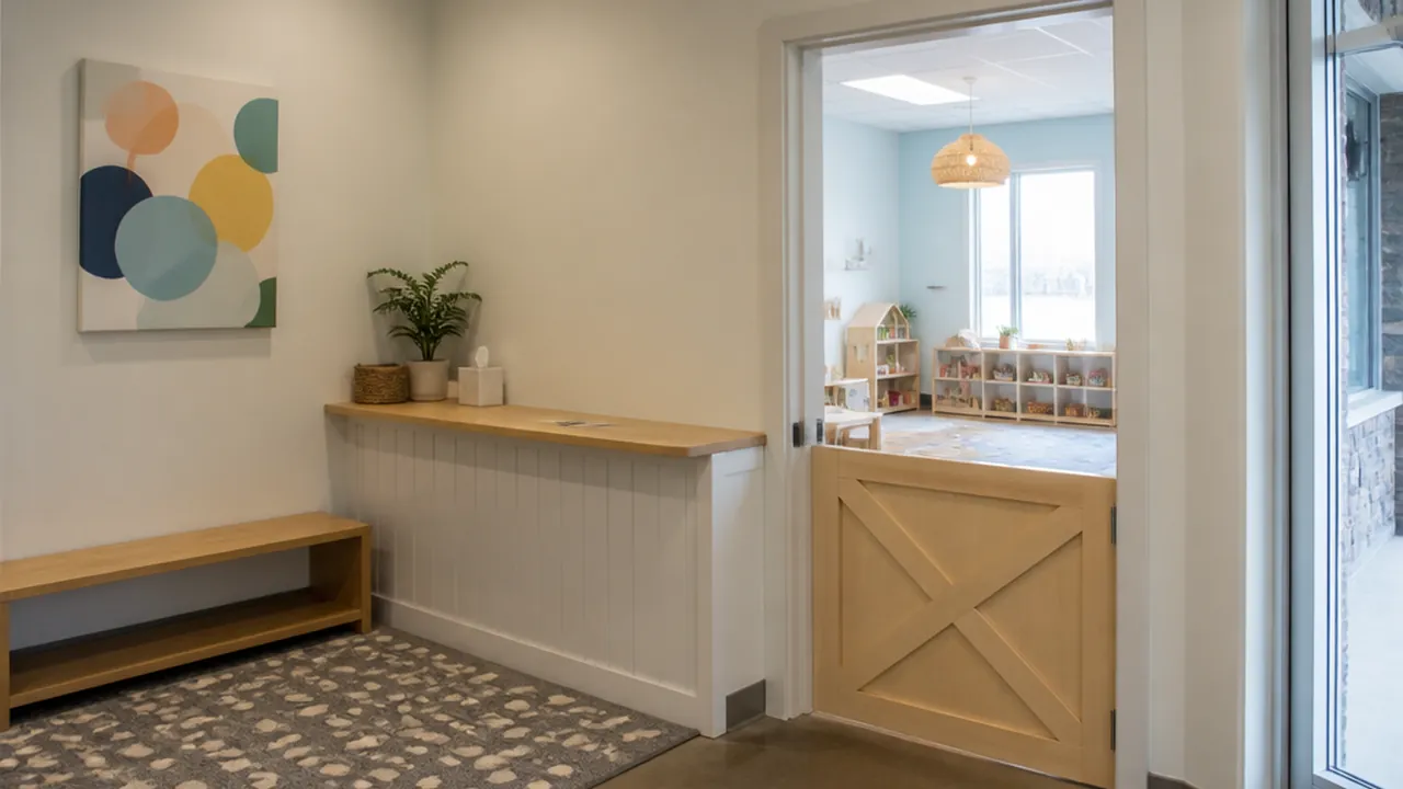 Children's check-in nook with a low counter, small bench, soft rug, and a half-door to a bright room beyond