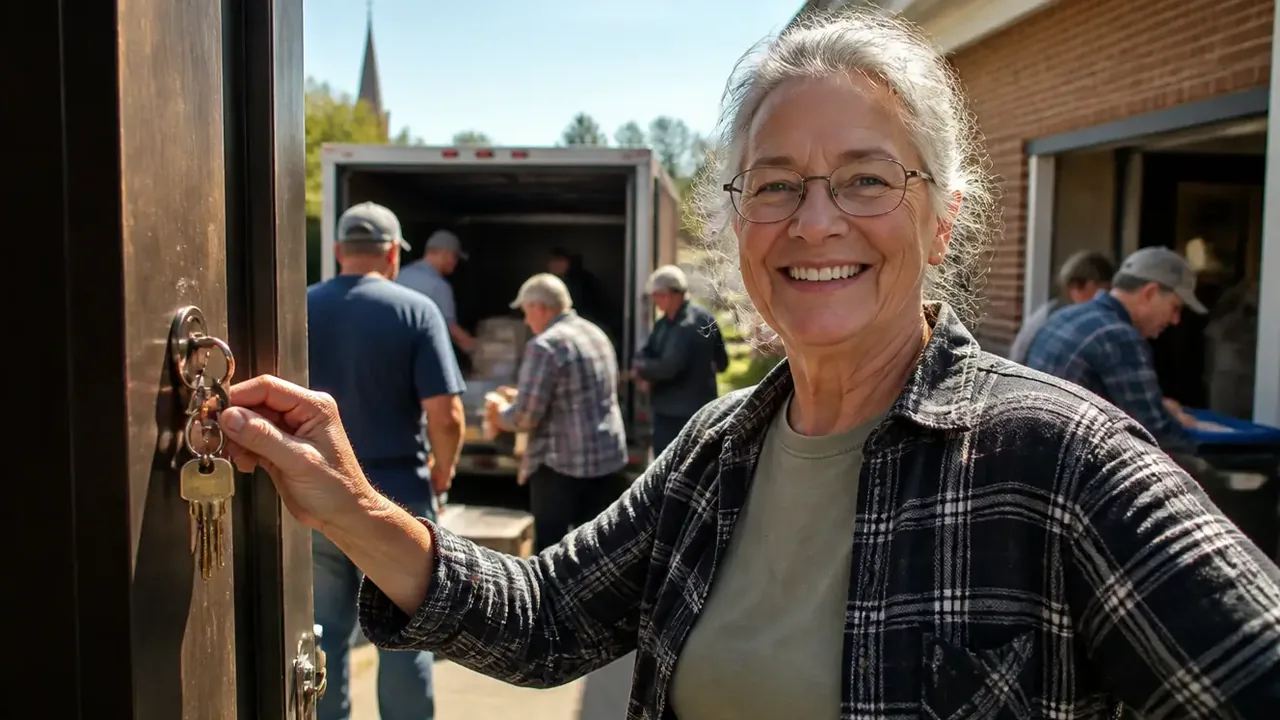 Woman holding a key ring at a doorway while people move boxes beside a truck