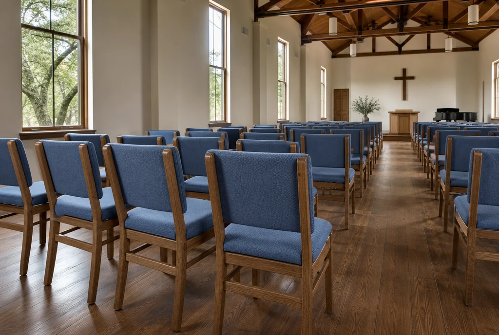 Individual pecan-toned wood chairs with French-blue upholstery in an illustrative Louisiana church sanctuary