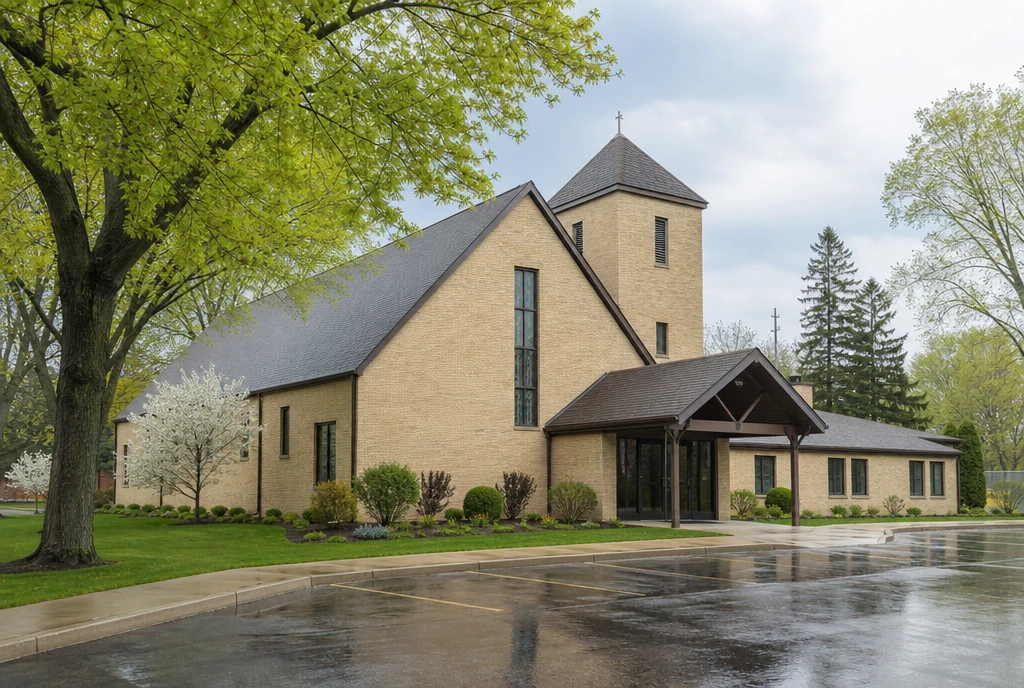 Illustrative church exterior in a southeastern Michigan neighborhood setting