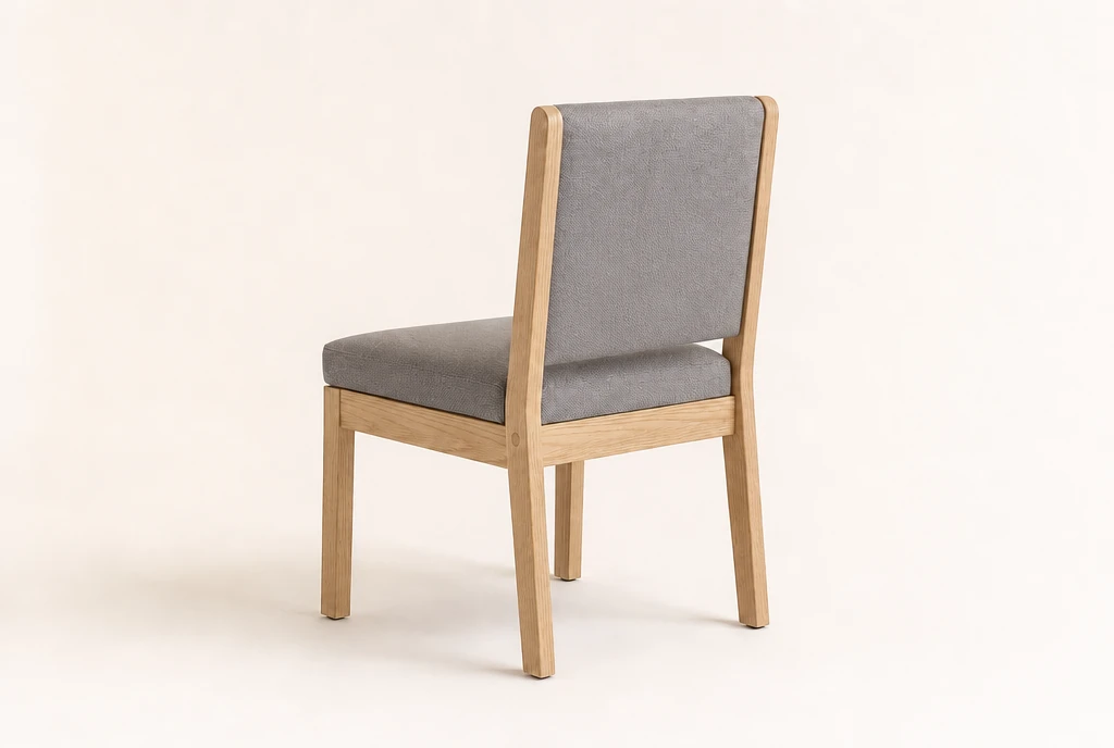Light natural ash hardwood church chair concept with soft slate-gray woven fabric and no rear book rack