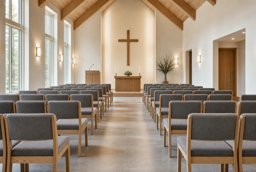 Light ash chairs with slate upholstery in an illustrative Michigan sanctuary