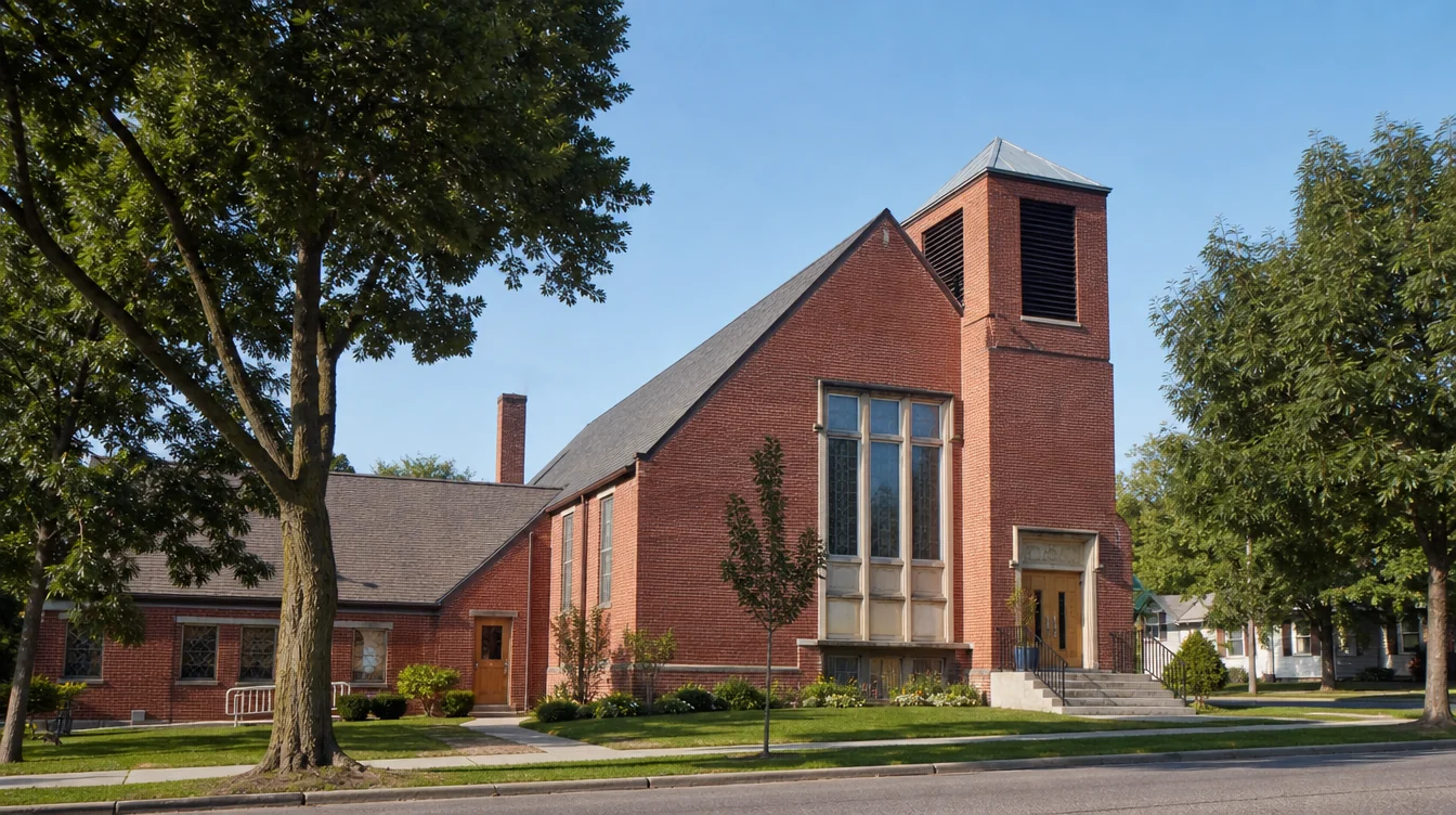 An unnamed south Minneapolis neighborhood church, warm red brick, simple gabled roof and restrained bell tower, mature deciduous trees, a practical side entrance and a modest hall wing