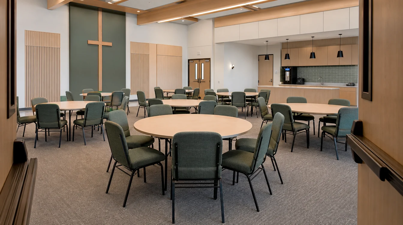 Minnesota church fellowship room with tables and upholstered chairs