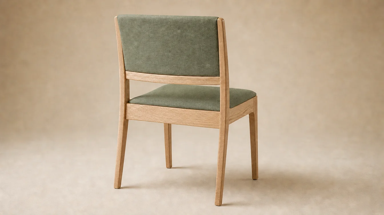 A contemporary solid white-oak church chair with a softly squared upholstered back, gently tapered legs, clear pale-oak finish and muted spruce-green woven seat and back with a clean back and no rear book rack