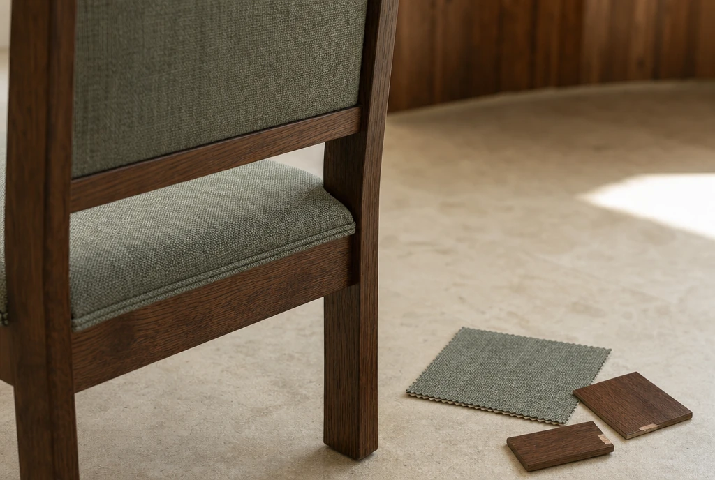Dark oak chair detail with sage-gray upholstery and material samples