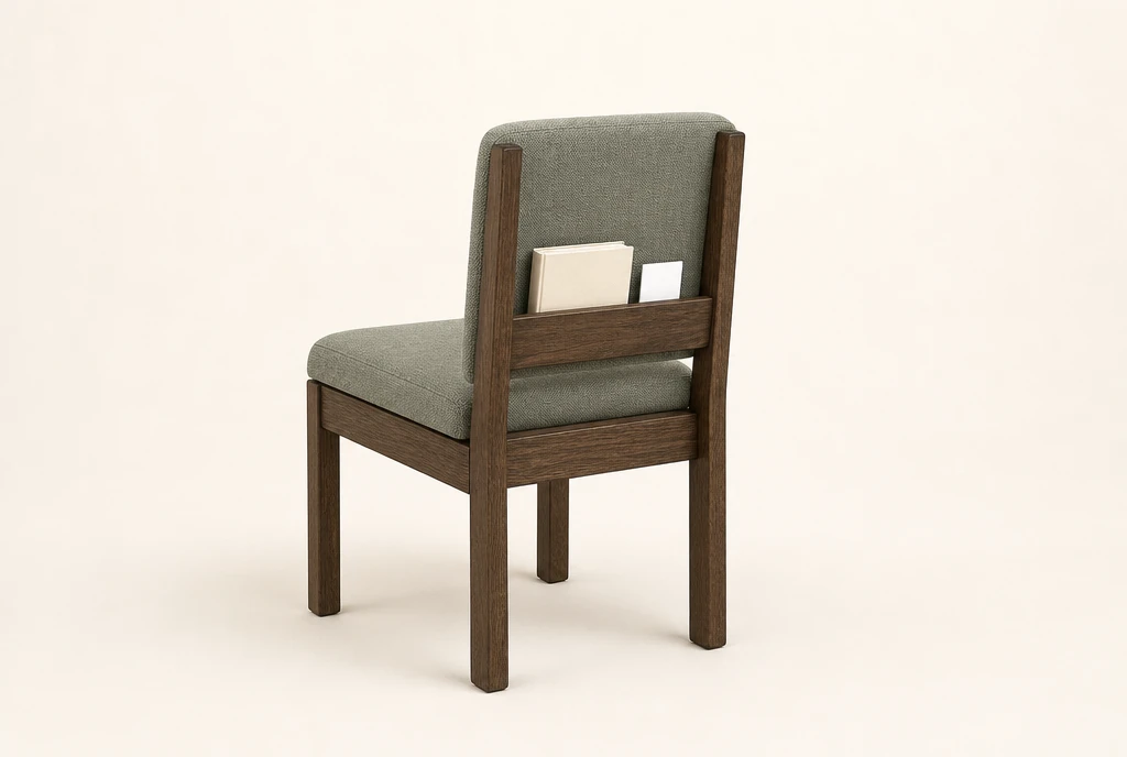Dark tobacco-brown oak church chair concept with muted sage-gray woven fabric and a rear book rack