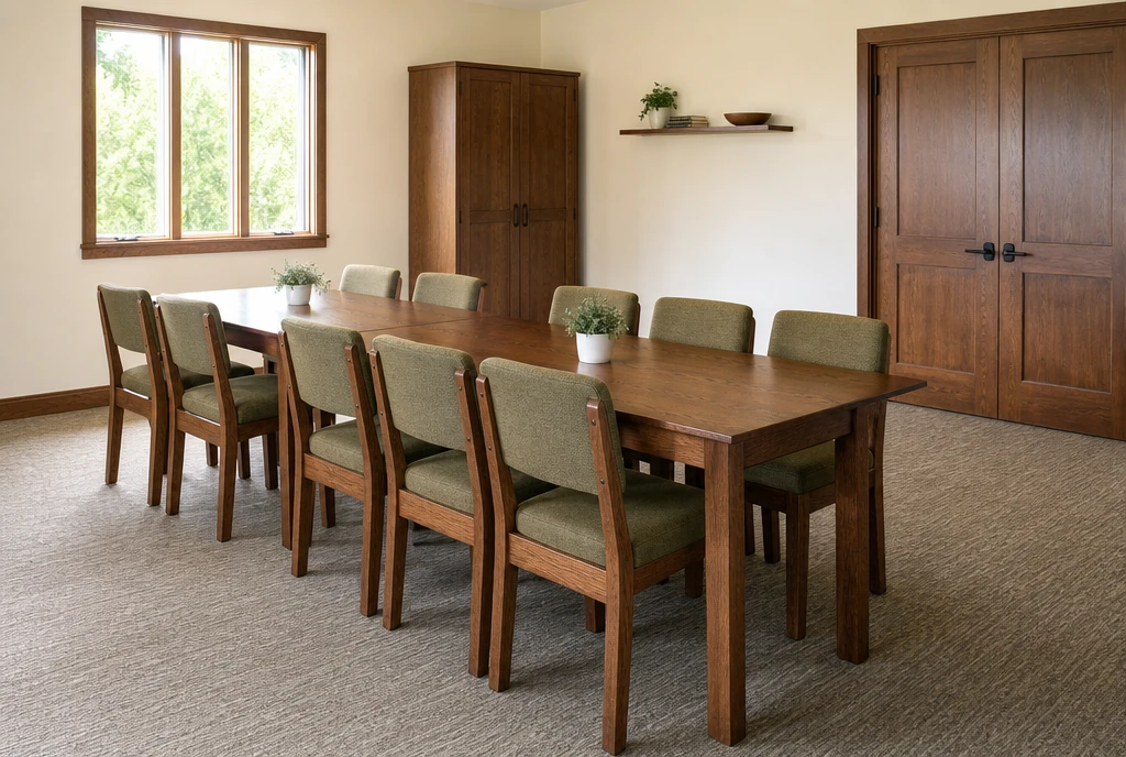 Wood chairs and meeting tables in an illustrative Missouri church small-group room
