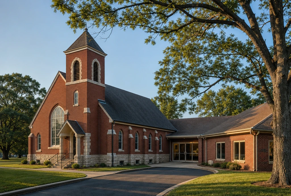 Illustrative church exterior in a central Missouri small-town setting