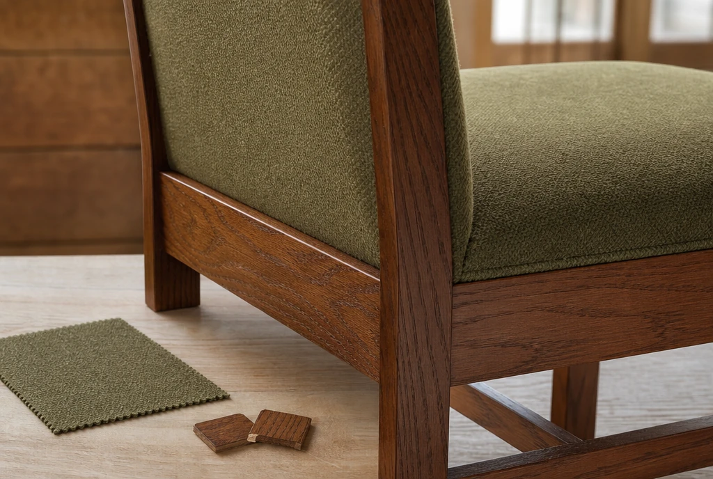 Chestnut oak church chair joinery with olive upholstery and finish samples