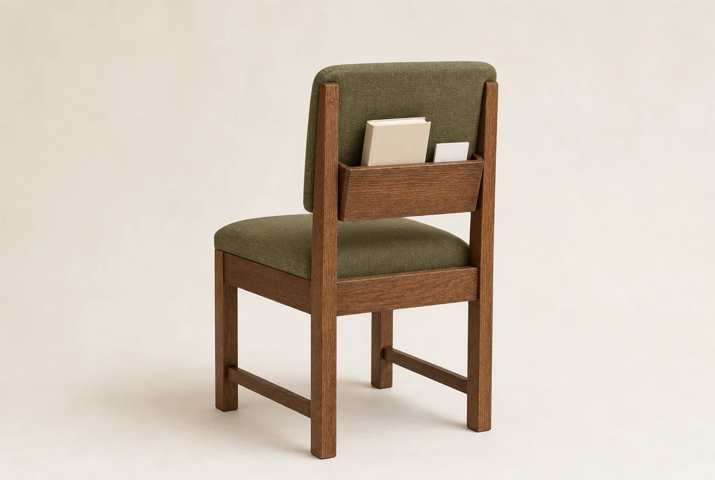 Rich chestnut-stained oak church chair concept with muted olive woven fabric and a rear book rack