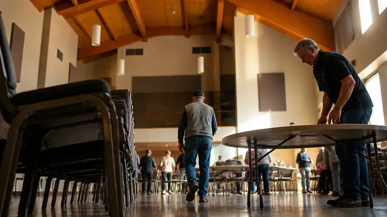 People setting up tables and chairs beneath an exposed timber ceiling