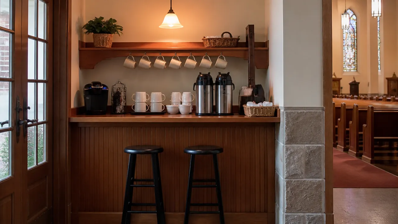 Small narthex coffee corner with carafes, stacked mugs, and two stools under a warm pendant light
