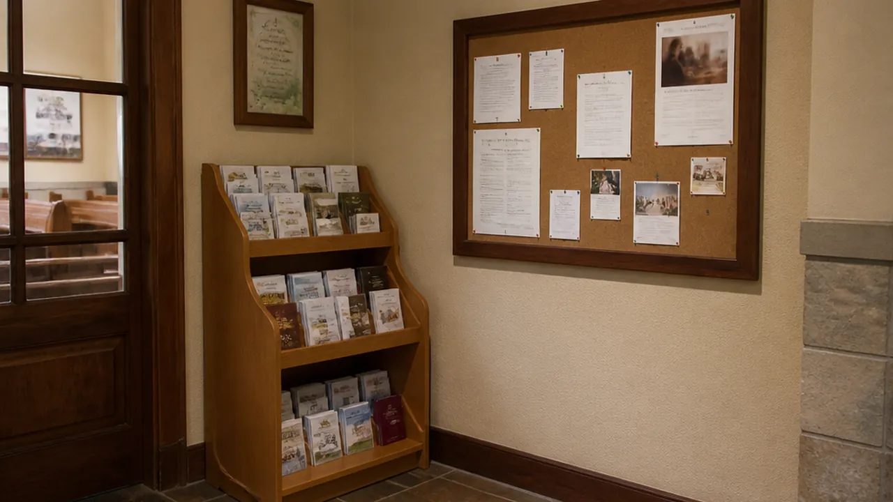 Information corner with a wooden pamphlet shelf and a framed pinned board