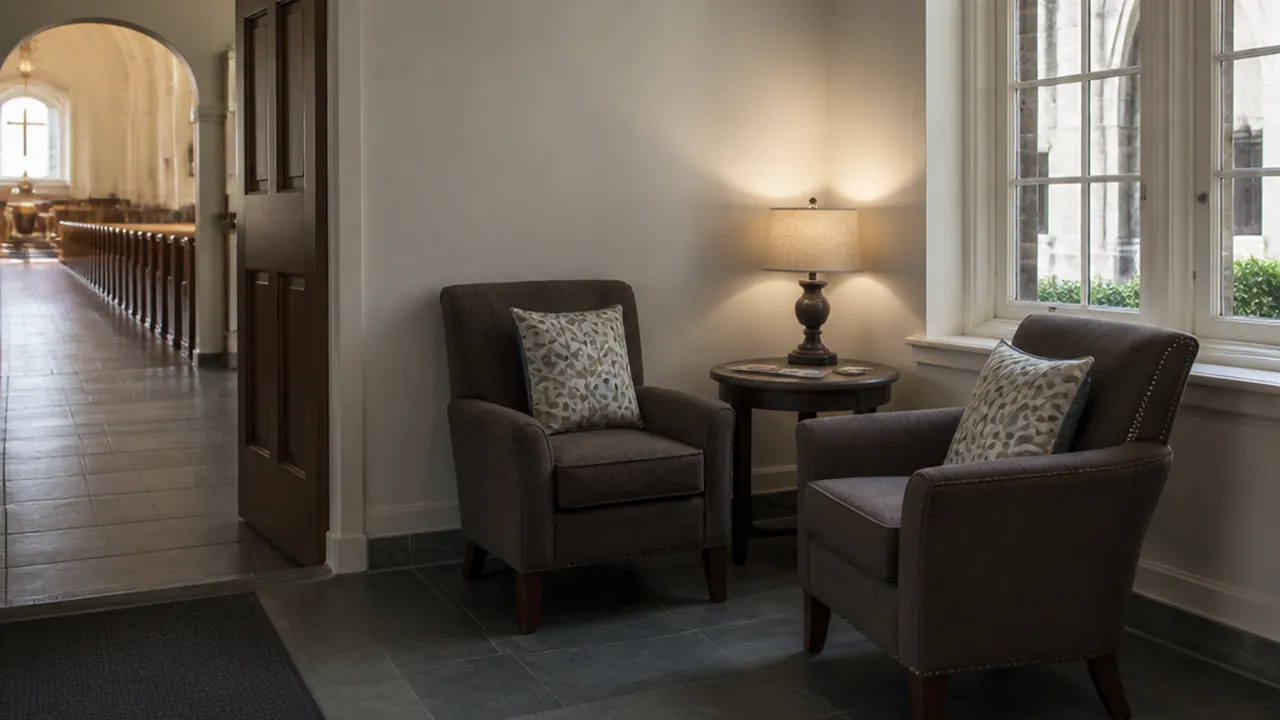 Two armchairs and a lamp-lit side table by a window in an entrance hall