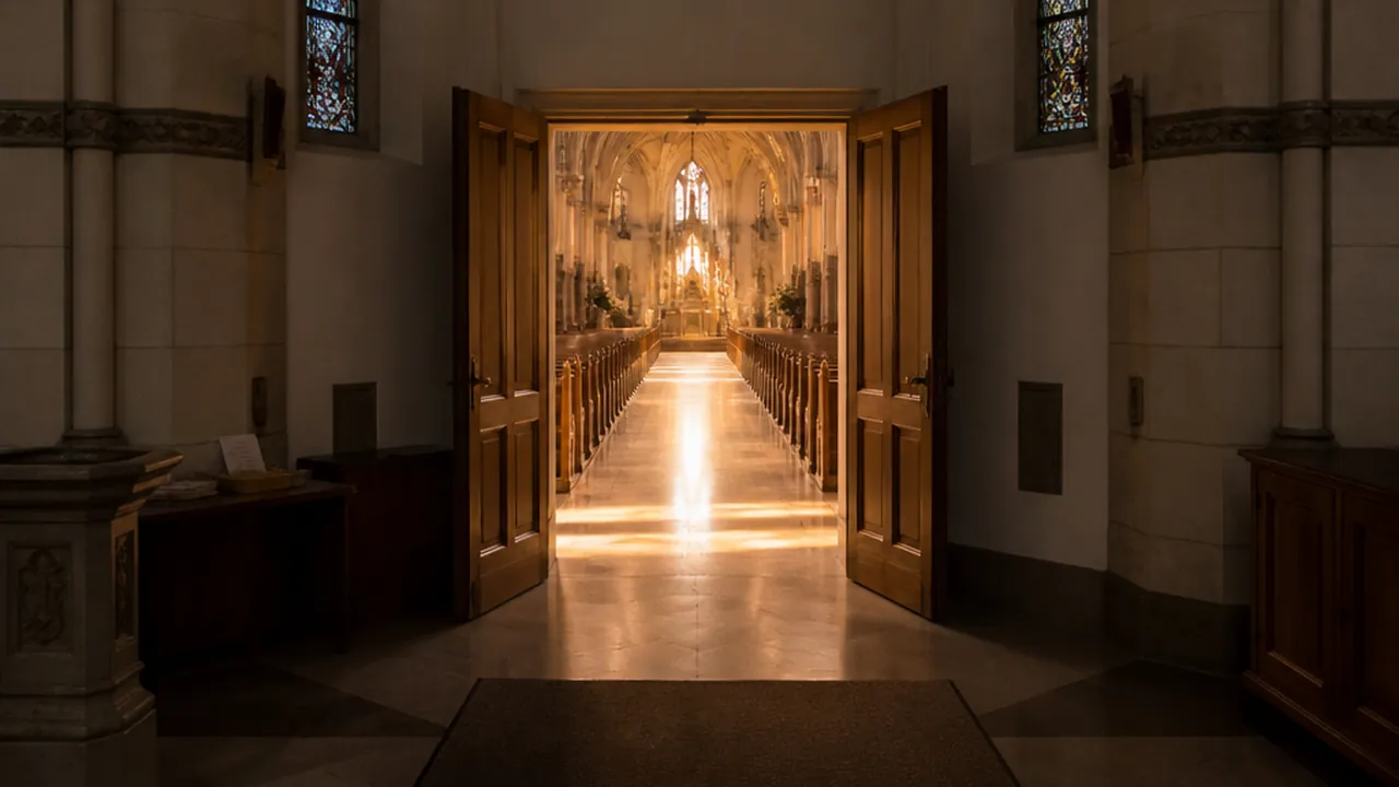 View across a narthex toward open double doors with warm light spilling from the sanctuary beyond
