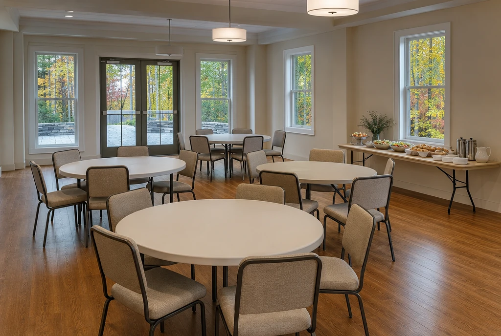 Oatmeal upholstered metal chairs and round tables in an illustrative New Jersey parish hall