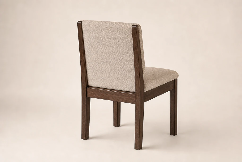 Dark chestnut-stained hardwood church chair concept with soft oatmeal woven upholstery and no rear book rack