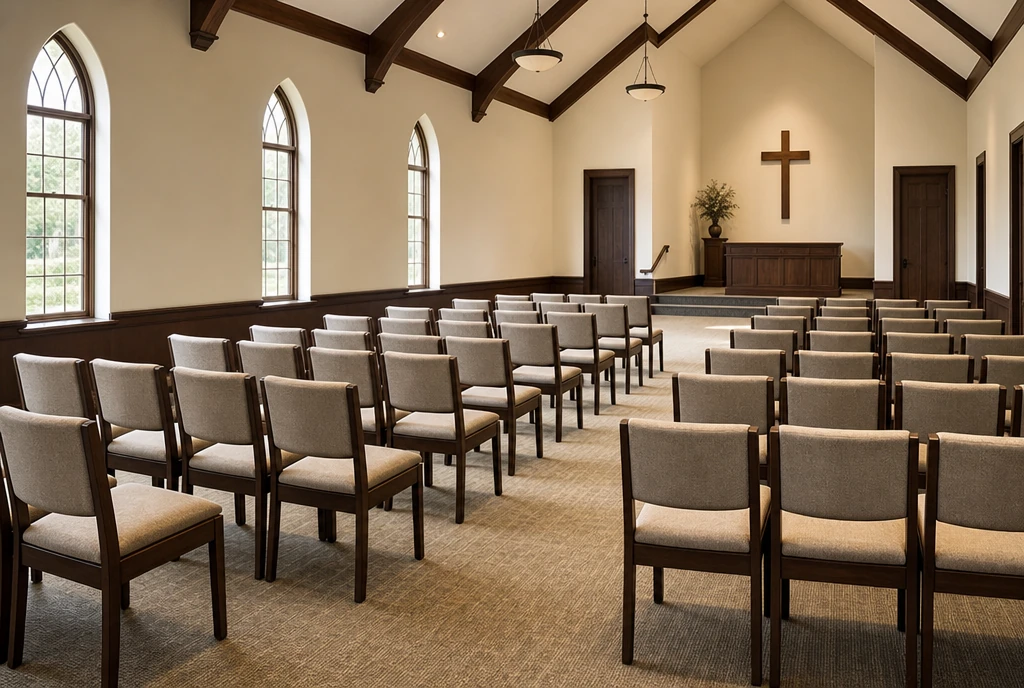 Oatmeal upholstered chestnut-toned wood chairs in an illustrative New Jersey church sanctuary