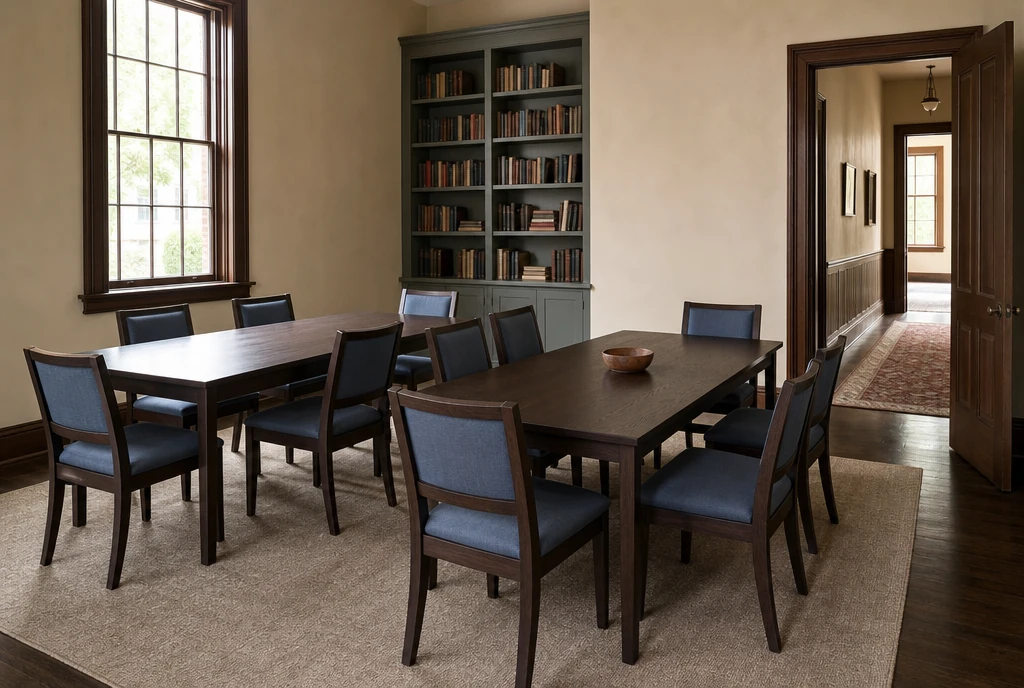 Full-size wood chairs and meeting tables in an illustrative New York church study room