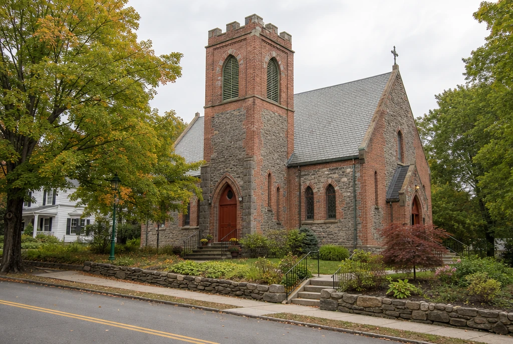 Illustrative Hudson Valley village church with stone and brick walls, a slate roof and leafy New York surroundings