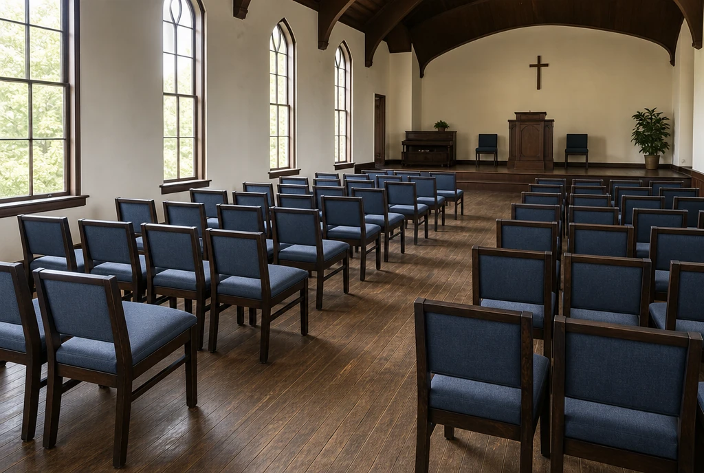 Dusty-blue upholstered wood chairs arranged in an illustrative older New York church sanctuary