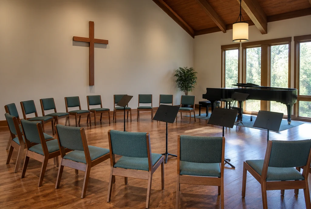 Illustrative rehearsal room with armless upholstered chairs, music stands and a piano.
