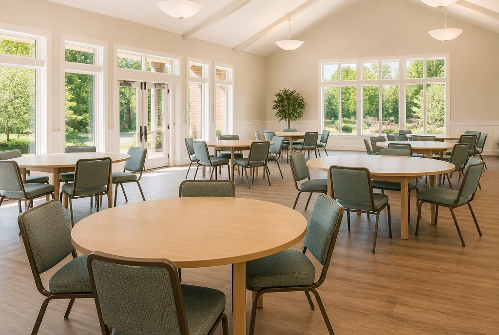 Round tables and upholstered metal chairs in an illustrative North Carolina fellowship room