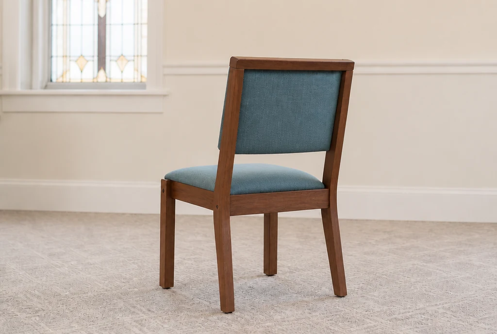 Matching walnut church chair concept with blue-green upholstery and no rear book rack