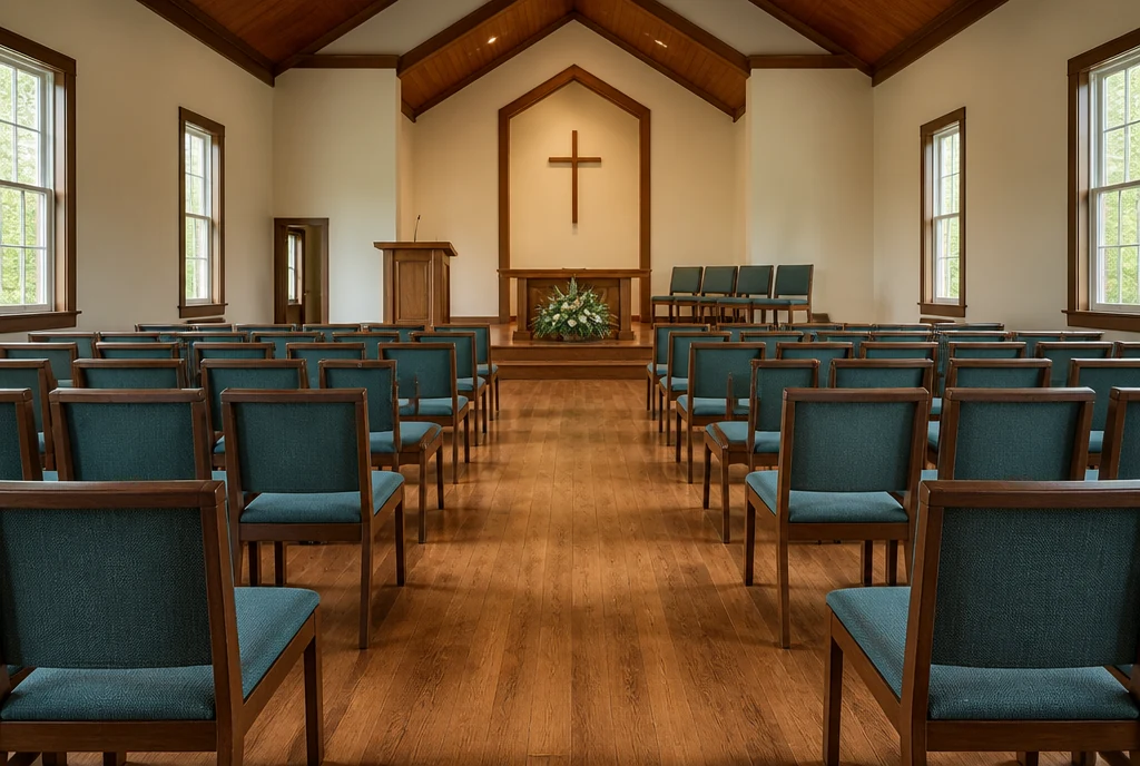 Walnut upholstered chairs facing a wood pulpit in an illustrative North Carolina sanctuary