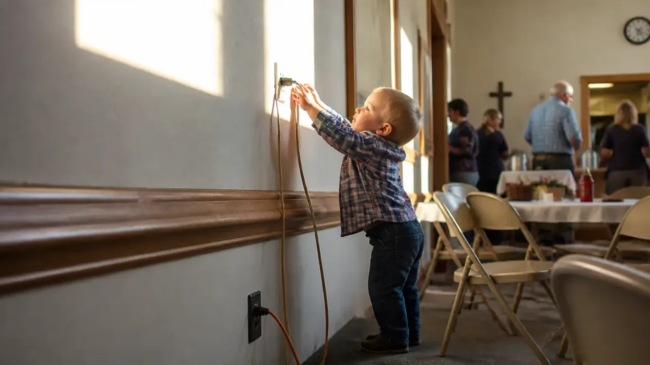 Outlet cover and cord management along a sunlit nursery baseboard