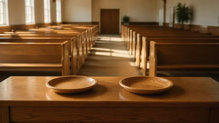 Two shallow wooden plates on a table in an empty sanctuary.