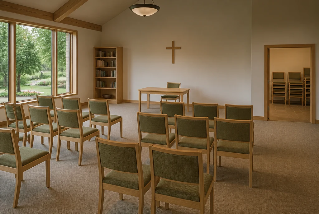 Upholstered maple chairs and a storage alcove in an illustrative Ohio church classroom