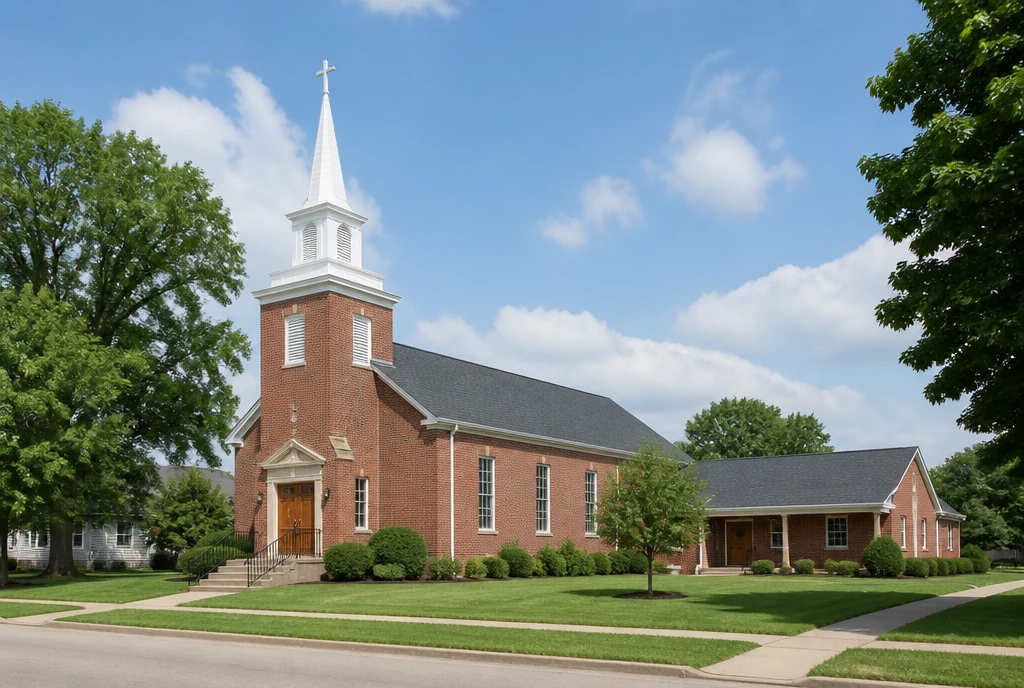 Illustrative central Ohio brick church with a white steeple, mature maples and level green grounds
