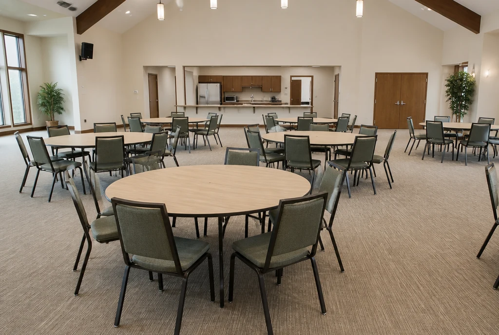 Movable round tables and upholstered chairs in an illustrative Ohio church fellowship hall