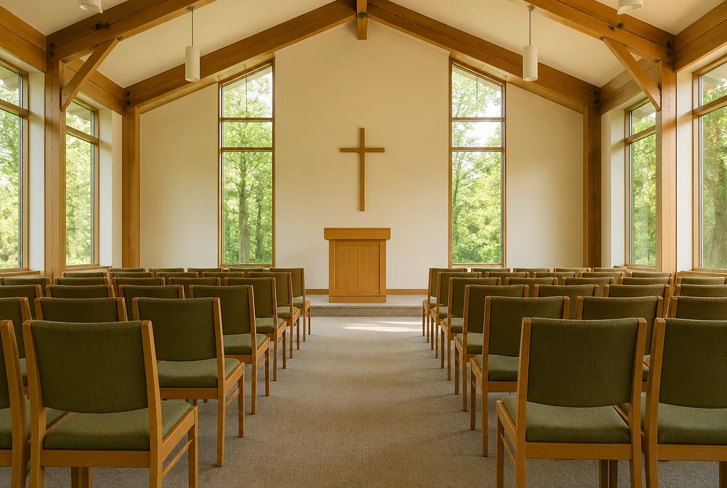 Maple-framed upholstered chairs in orderly rows in an illustrative Ohio sanctuary