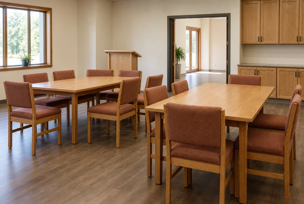 Full-size oak chairs and workshop tables in an illustrative Oklahoma church teaching room