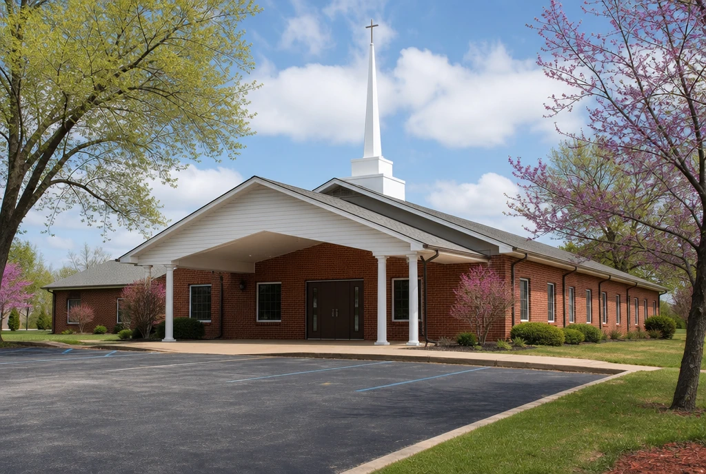 Illustrative church exterior in a central Oklahoma small-town setting