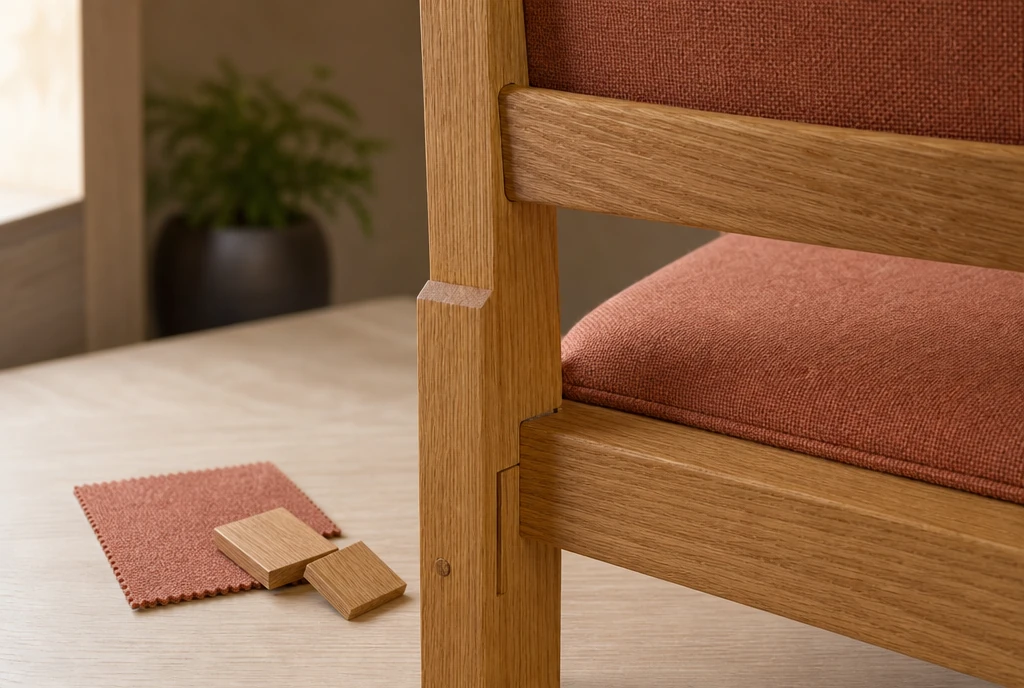 Oak chair detail with dusty-copper upholstery and finish samples