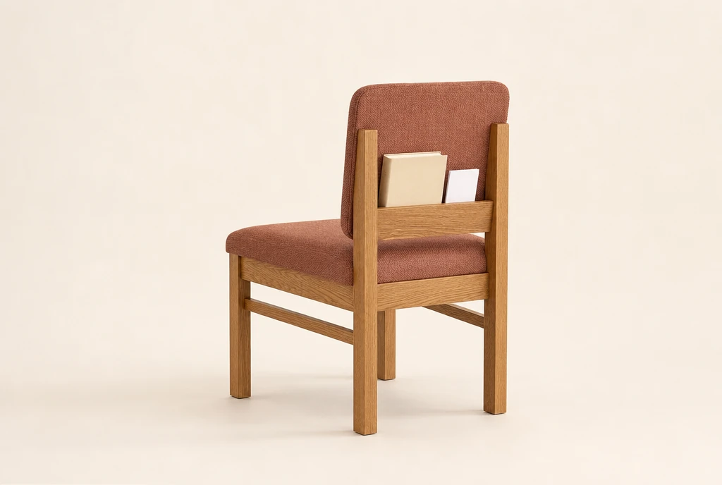 Natural warm oak hardwood church chair concept with muted dusty-copper woven fabric and a rear book rack