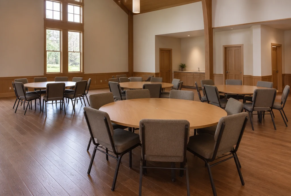 Round tables and upholstered chairs in an illustrative Pennsylvania church community hall