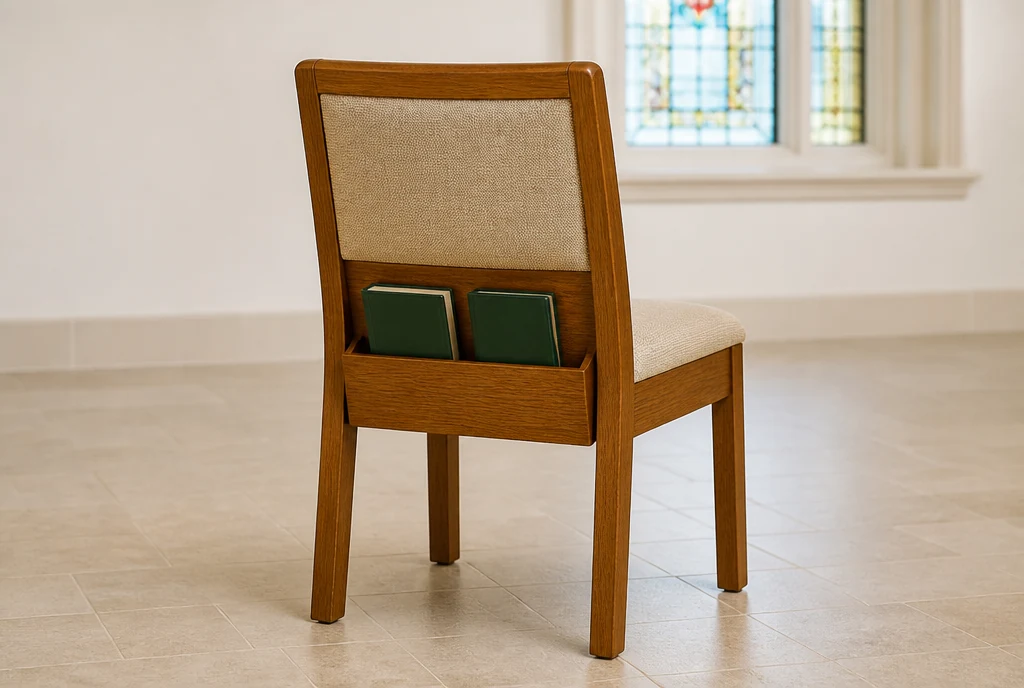 Medium-oak church chair concept with oatmeal upholstery and a rear wooden book rack