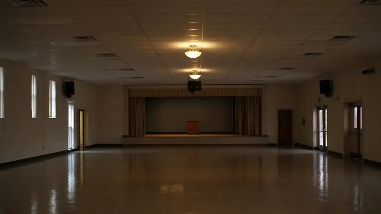 Empty sanctuary showing wooden pews and stacked chairs under one light