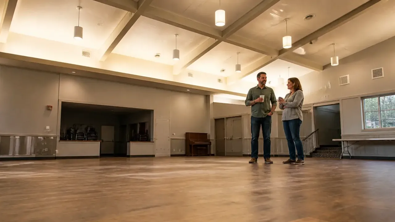 Two committee members reviewing renovation plans, low wide angle