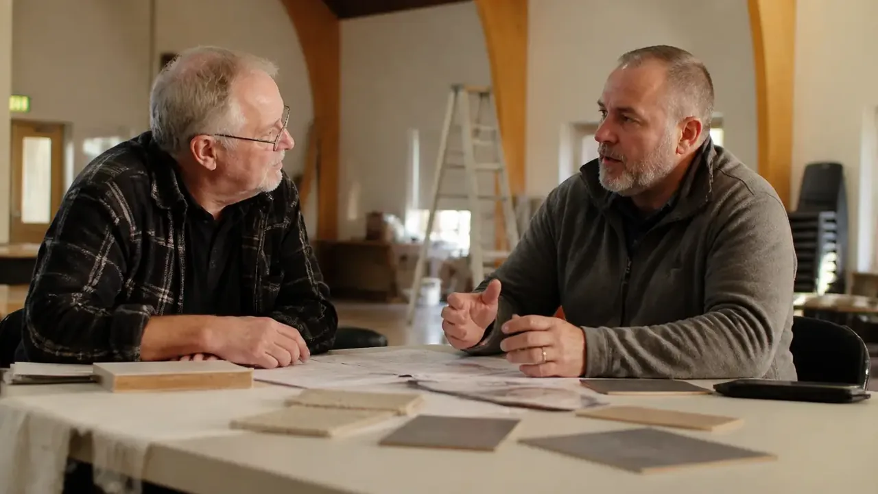 Two committee members discussing seating samples at a table