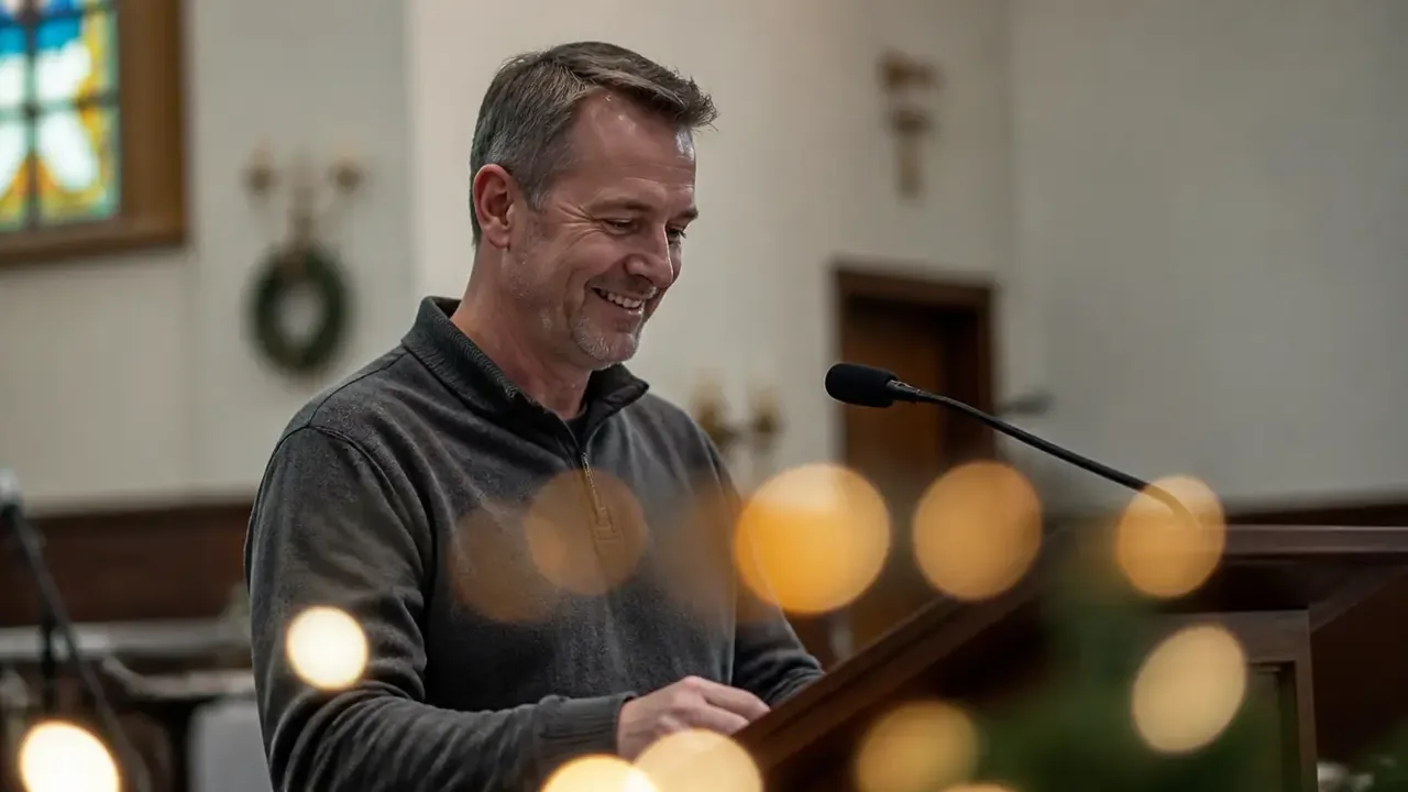 Reader at a sloping wood lectern with a microphone