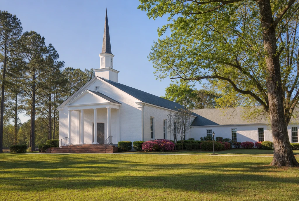 Illustrative church exterior in a South Carolina Midlands setting