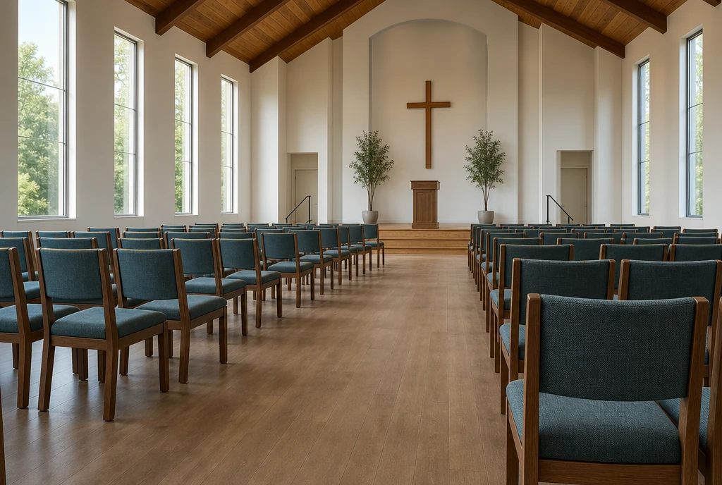Blue-green upholstered wood chairs in an illustrative South Carolina sanctuary